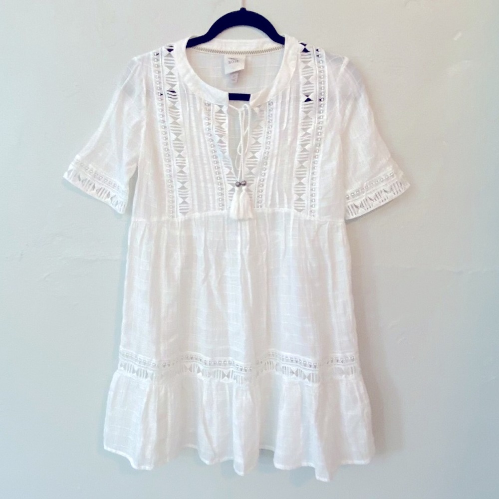Knox Rose Sheer Tunic Dress Blouse Sz M White Boho Gauzy Tasseled  Cottagecore